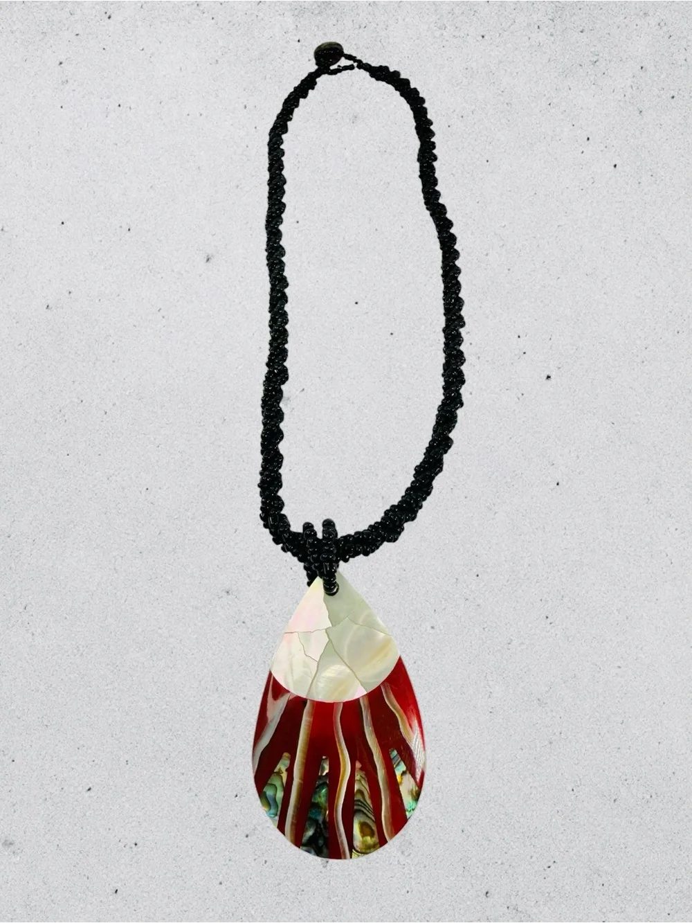 Boho Mother Of Pearl Abalone Teardrop Necklace Coconut Shell Black Seed Bead 16”